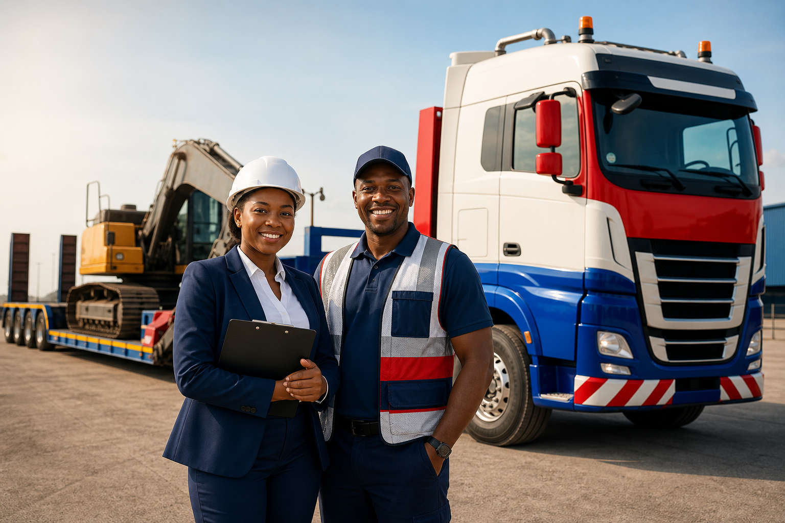 Smiling logistics professional beside a lowbed truck