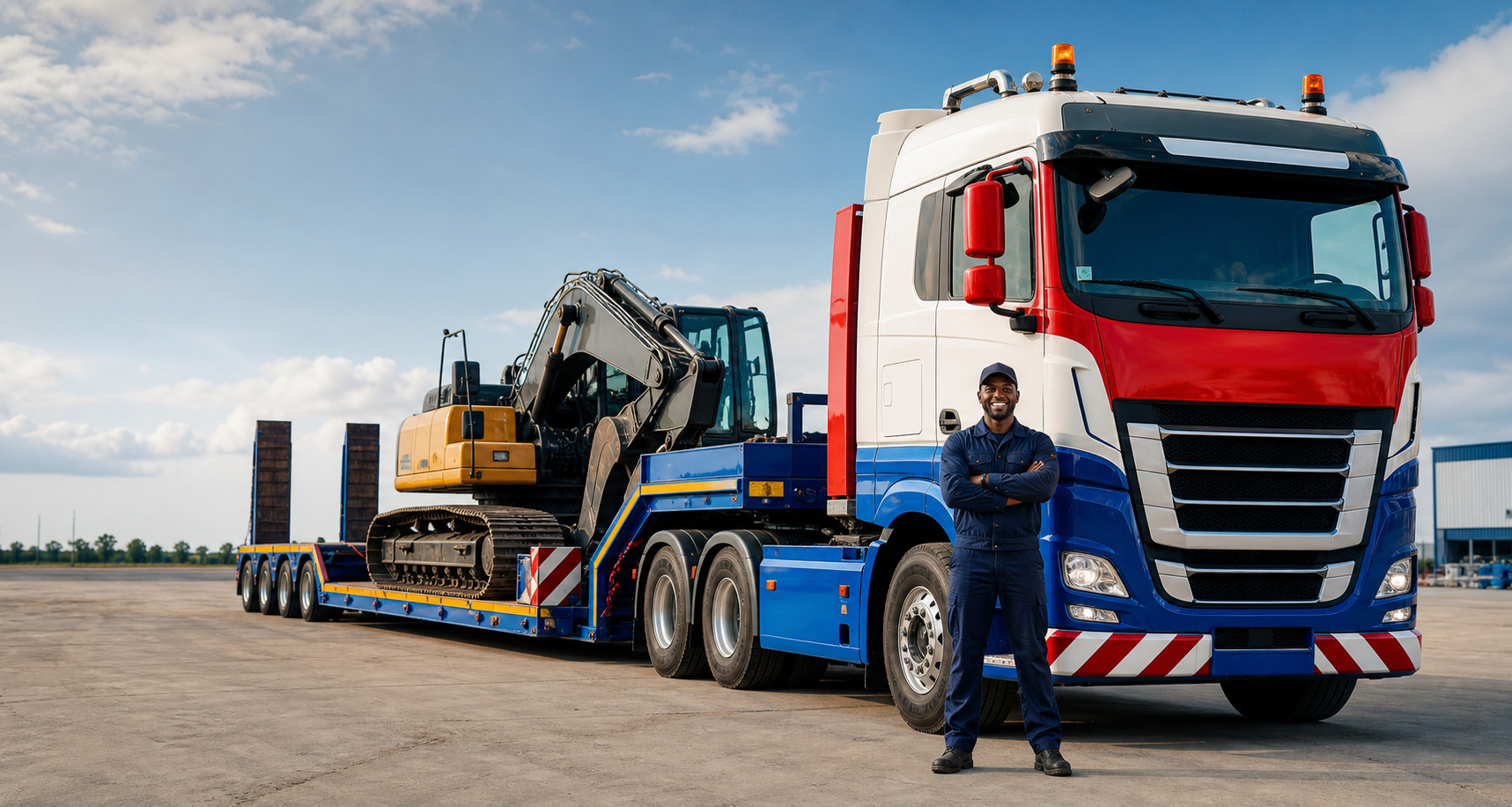 Lowbed truck carrying heavy equipment