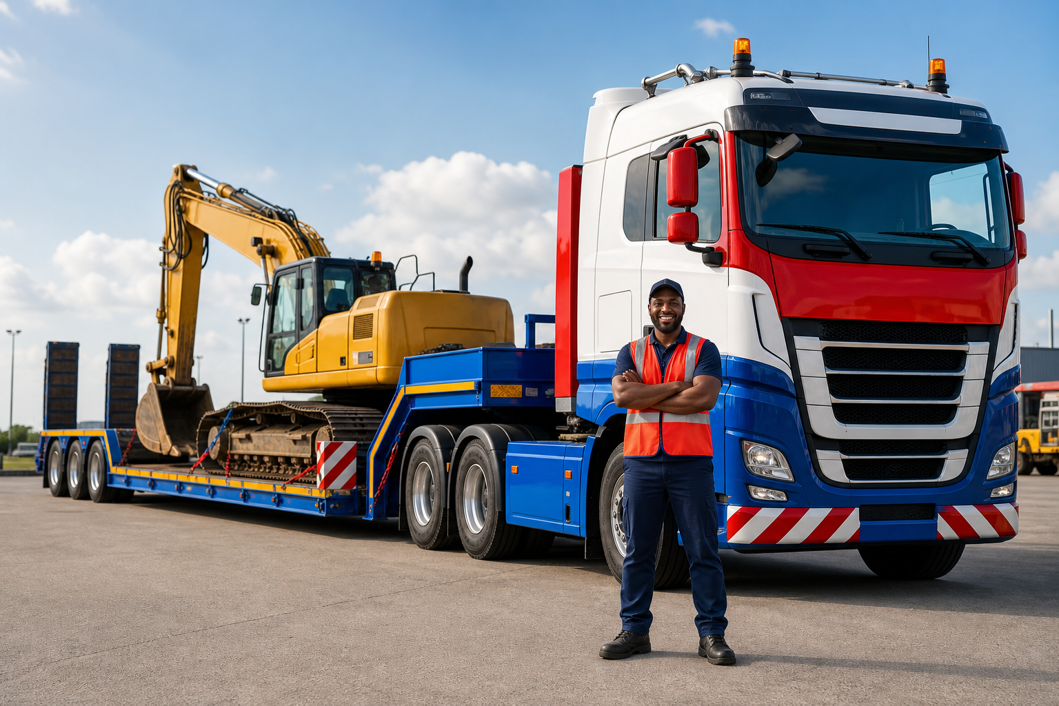 Smiling driver beside a lowbed truck carrying heavy equipment