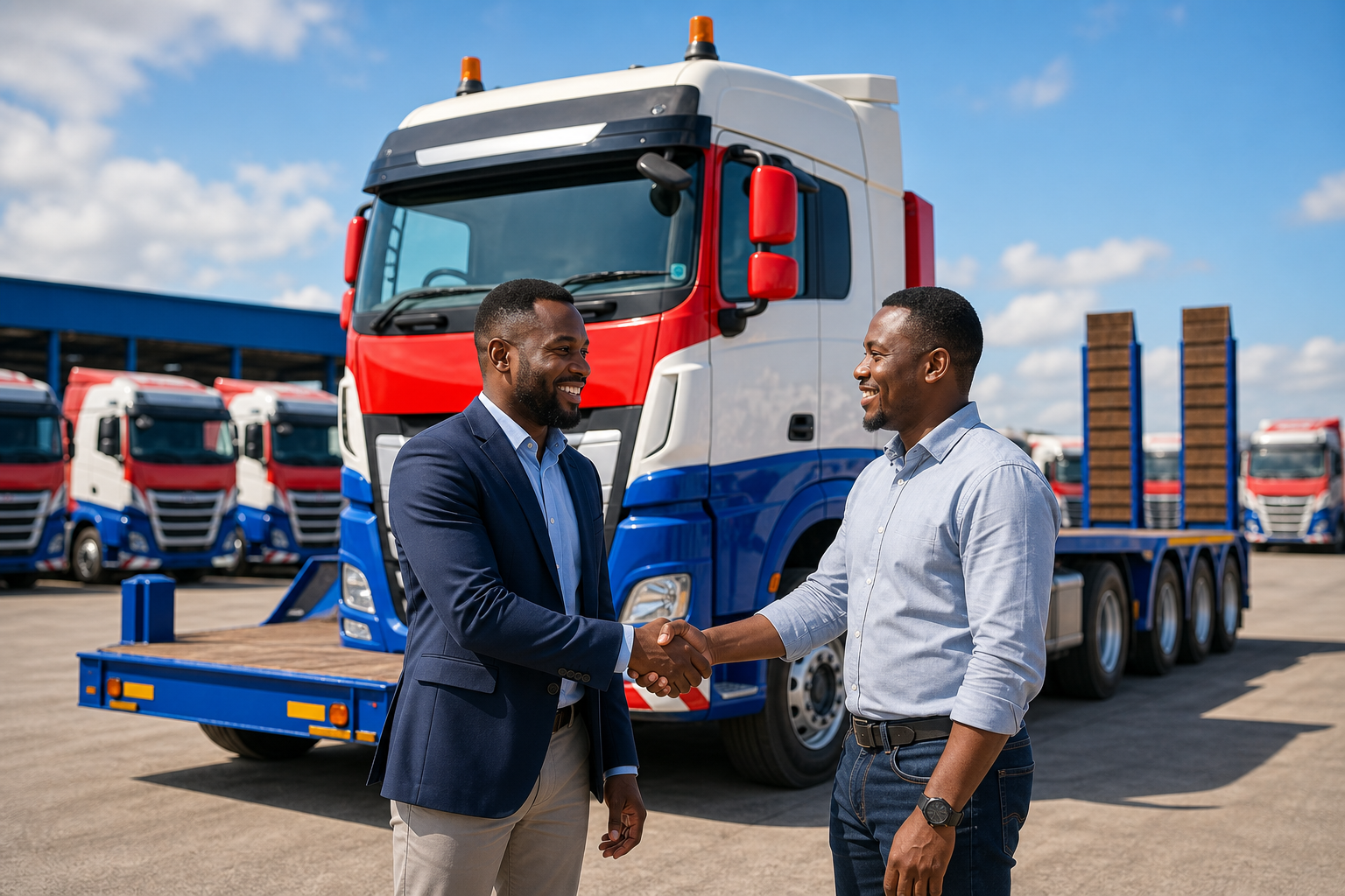 Smiling truck sales representative near heavy-duty trucks